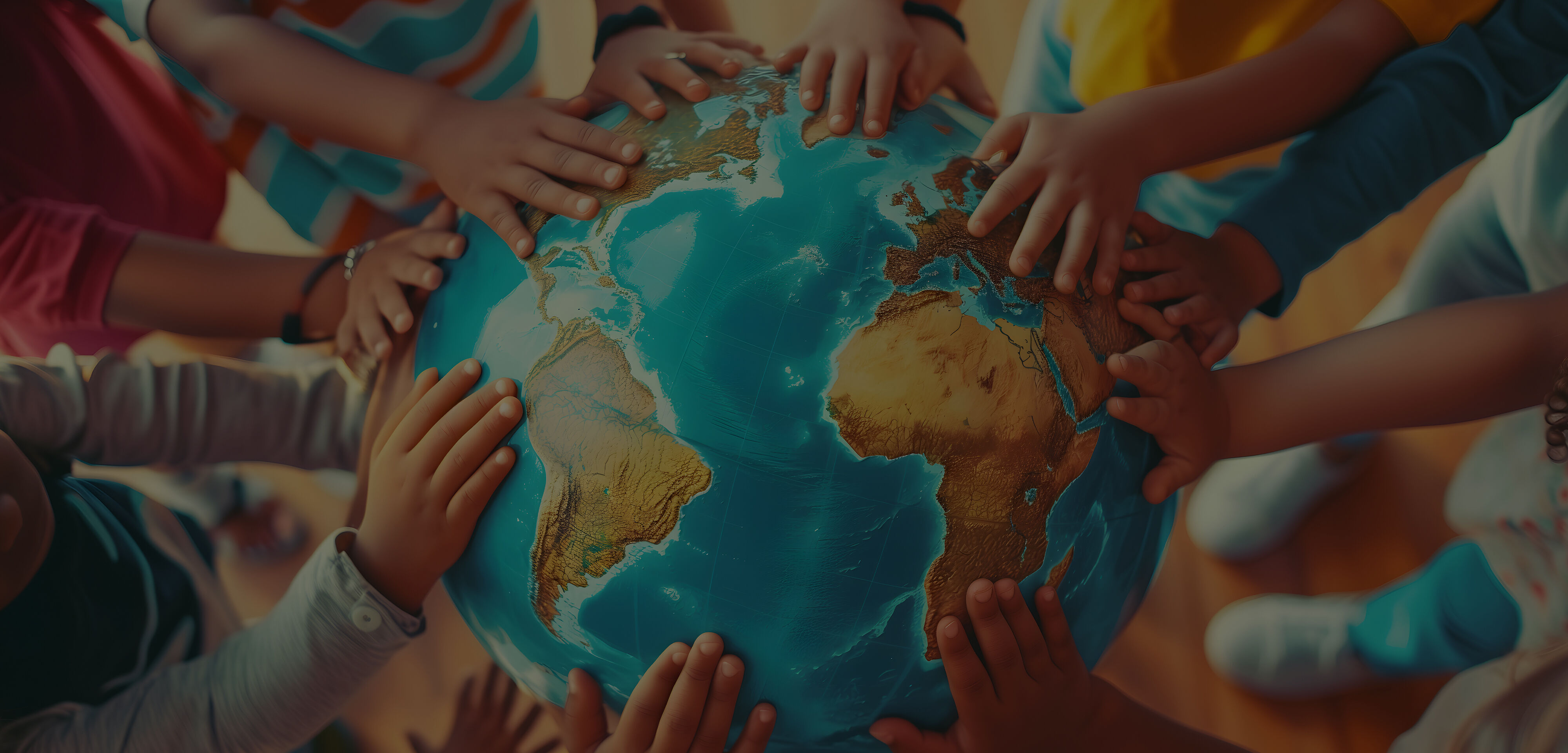 Young children in a classroom from various nations lay hands on a large world globe